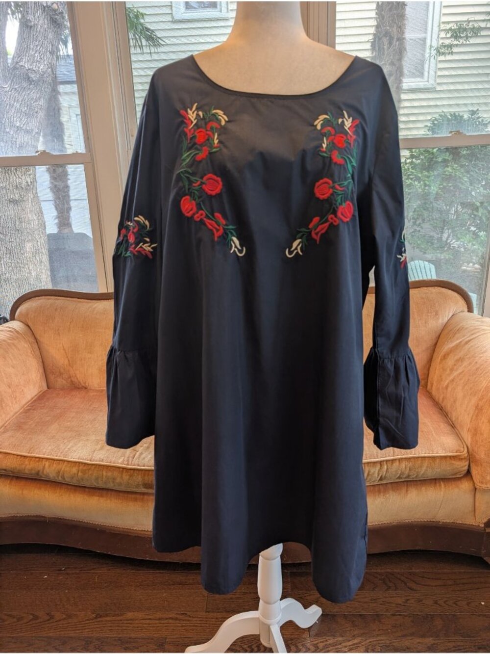 Boho Navy Blue Bell-sleeve Midi Tunic Dress Size XXL Floral Embroidered